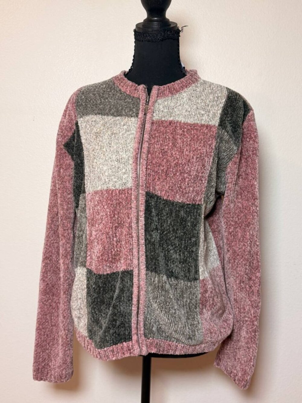 Croft & Barrow Chenille Patchwork Zip Cardigan Sweater Color Block Grandmacore
